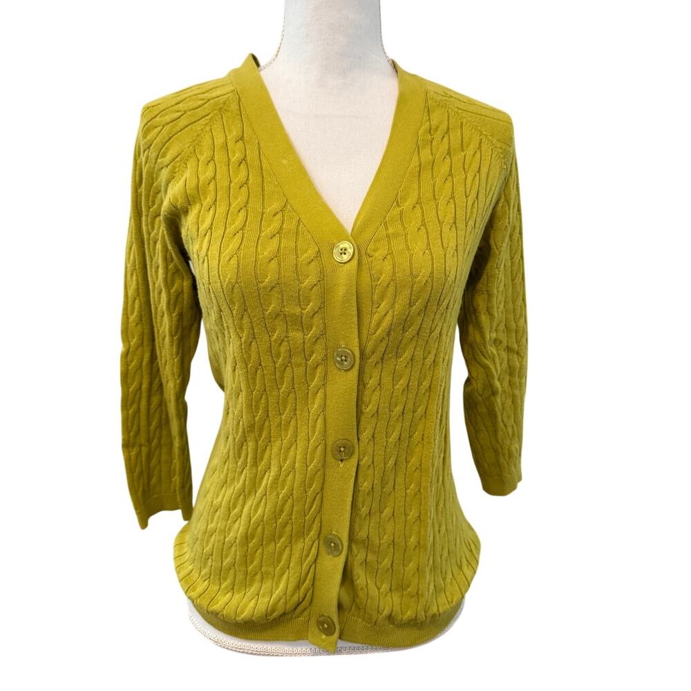 Talbots Lightweight Cotton Cable Knit V Neck Sweater Chartreuse Green